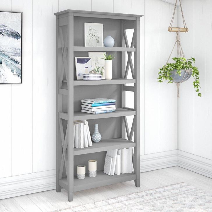The appearance of Bush Furniture Key West Tall 5 Shelf Bookcase In Cape Cod Gray designed by Bush Furniture in the country / farmhouse interior design. This gray piece of furniture  was selected by 1StopBedrooms from Key West Collection to add a touch of cosiness and style into your home. Sku: KWB132CG-03. Product Type: Bookcase. Image1