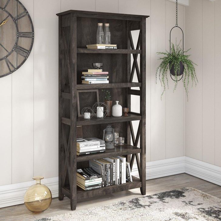 The appearance of Bush Furniture Key West Tall 5 Shelf Bookcase In Dark Gray Hickory designed by Bush Furniture in the country / farmhouse interior design. This dark gray piece of furniture  was selected by 1StopBedrooms from Key West Collection to add a touch of cosiness and style into your home. Sku: KWB132GH-03. Product Type: Bookcase. Image1