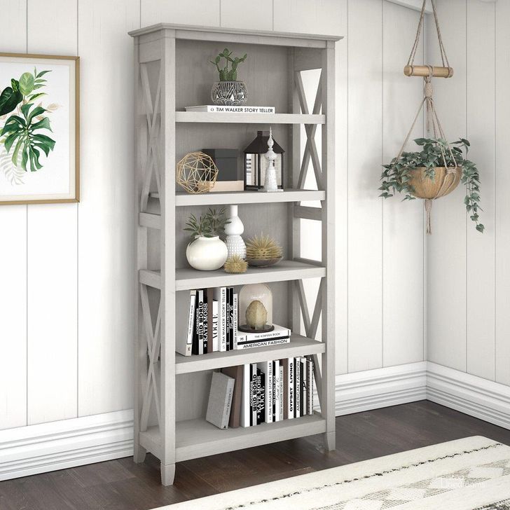 The appearance of Bush Furniture Key West Tall 5 Shelf Bookcase In Linen White Oak designed by Bush Furniture in the country / farmhouse interior design. This linen white piece of furniture  was selected by 1StopBedrooms from Key West Collection to add a touch of cosiness and style into your home. Sku: KWB132LW-03. Product Type: Bookcase. Image1