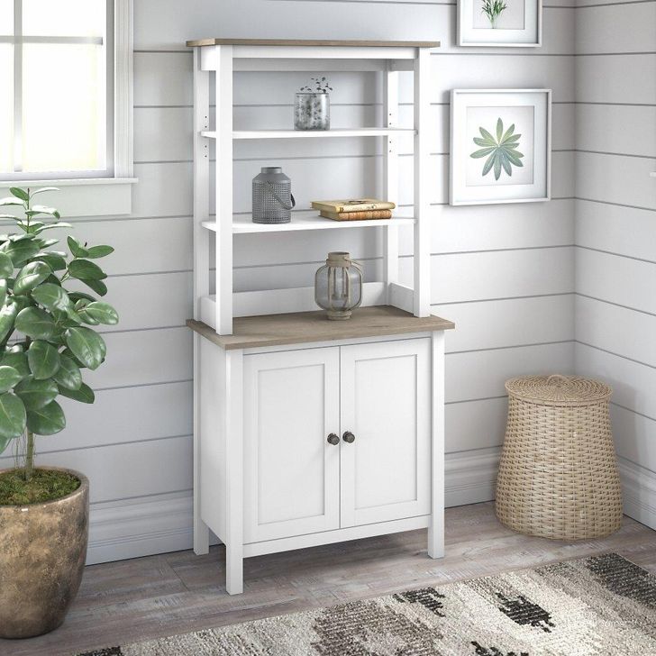The appearance of Bush Furniture Mayfield 5 Shelf Bookcase With Doors In Pure White And Shiplap Gray designed by Bush Furniture in the rustic / southwestern interior design. This gray and white piece of furniture  was selected by 1StopBedrooms from Mayfield Collection to add a touch of cosiness and style into your home. Sku: MAY019GW2. Material: Wood. Product Type: Bookcase. Image1