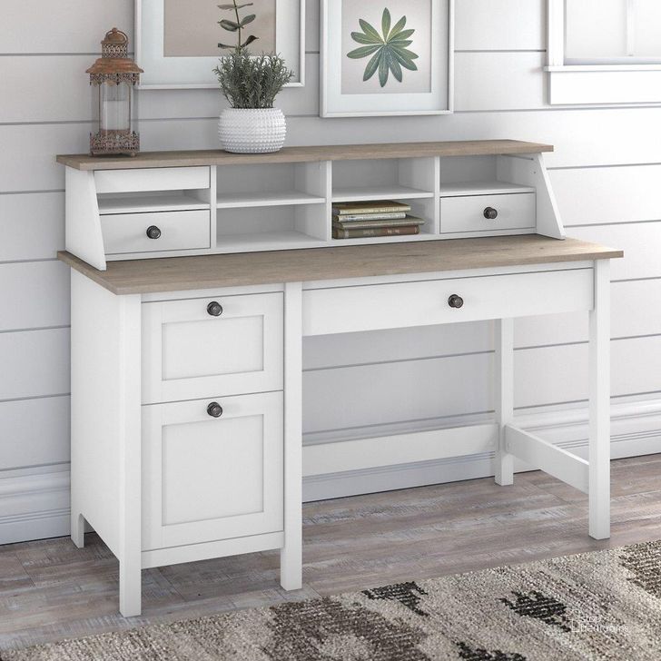 The appearance of Bush Furniture Mayfield 54W Computer Desk With Drawers And Desktop Organizer In Pure White And Shiplap Gray designed by Bush Furniture in the rustic / southwestern interior design. This gray and white piece of furniture  was selected by 1StopBedrooms from Mayfield Collection to add a touch of cosiness and style into your home. Sku: MAY003GW2. Material: Wood. Product Type: Computer Desk. Image1