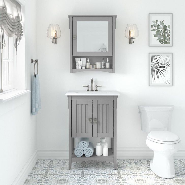 The appearance of Bush Furniture Salinas 24W Bathroom Vanity Sink and Medicine Cabinet with Mirror in Cape Cod Gray designed by Bush Furniture in the country / farmhouse interior design. This gray piece of furniture  was selected by 1StopBedrooms from Salinas Bathroom Collection to add a touch of cosiness and style into your home. Sku: SAL018CG. Product Type: Bathroom Vanity. Image1