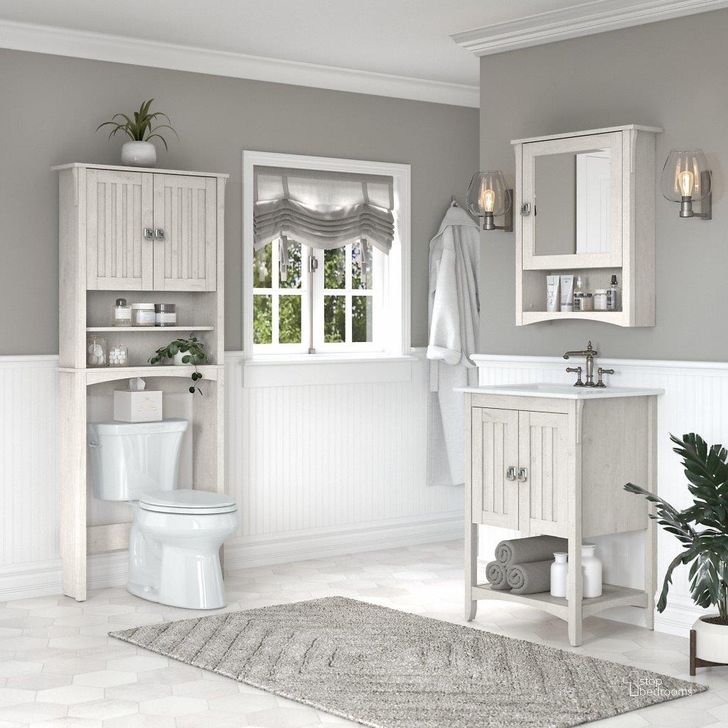 The appearance of Bush Furniture Salinas 24W Bathroom Vanity Sink with Mirror and Over The Toilet Storage Cabinet in Linen White Oak designed by Bush Furniture in the country / farmhouse interior design. This oak and white piece of furniture  was selected by 1StopBedrooms from Salinas Bathroom Collection to add a touch of cosiness and style into your home. Sku: SAL022LW. Product Type: Bathroom Vanity. Image1