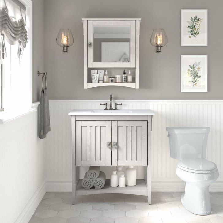 The appearance of Bush Furniture Salinas 32W Bathroom Vanity Sink and Medicine Cabinet with Mirror in Linen White Oak designed by Bush Furniture in the country / farmhouse interior design. This oak and white piece of furniture  was selected by 1StopBedrooms from Salinas Bathroom Collection to add a touch of cosiness and style into your home. Sku: SAL020LW. Product Type: Bathroom Vanity. Image1