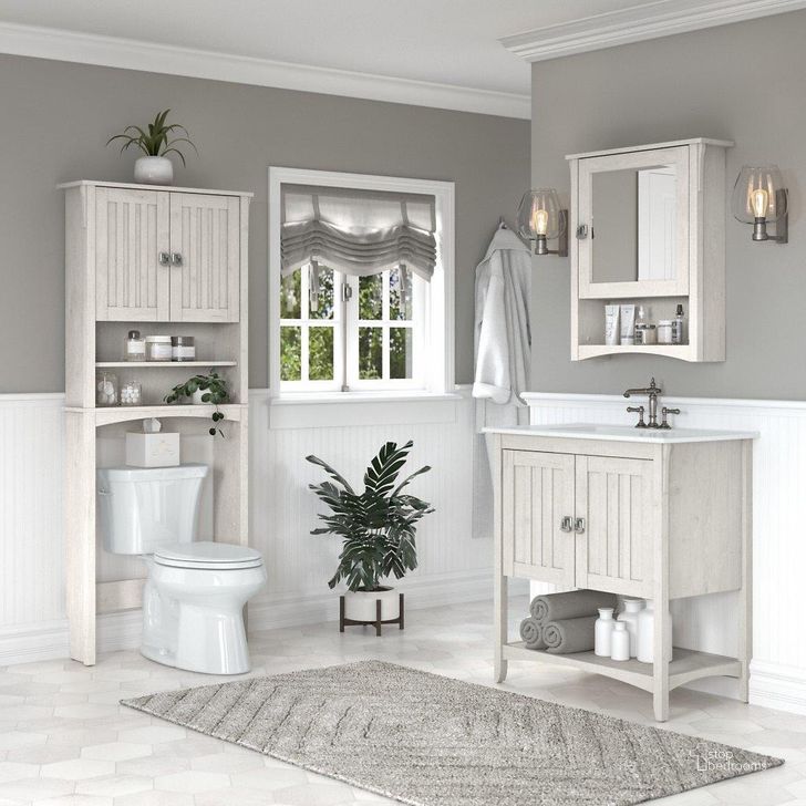 The appearance of Bush Furniture Salinas 32W Bathroom Vanity Sink with Mirror and Over The Toilet Storage Cabinet in Linen White Oak designed by Bush Furniture in the country / farmhouse interior design. This oak and white piece of furniture  was selected by 1StopBedrooms from Salinas Bathroom Collection to add a touch of cosiness and style into your home. Sku: SAL023LW. Product Type: Bathroom Vanity. Image1