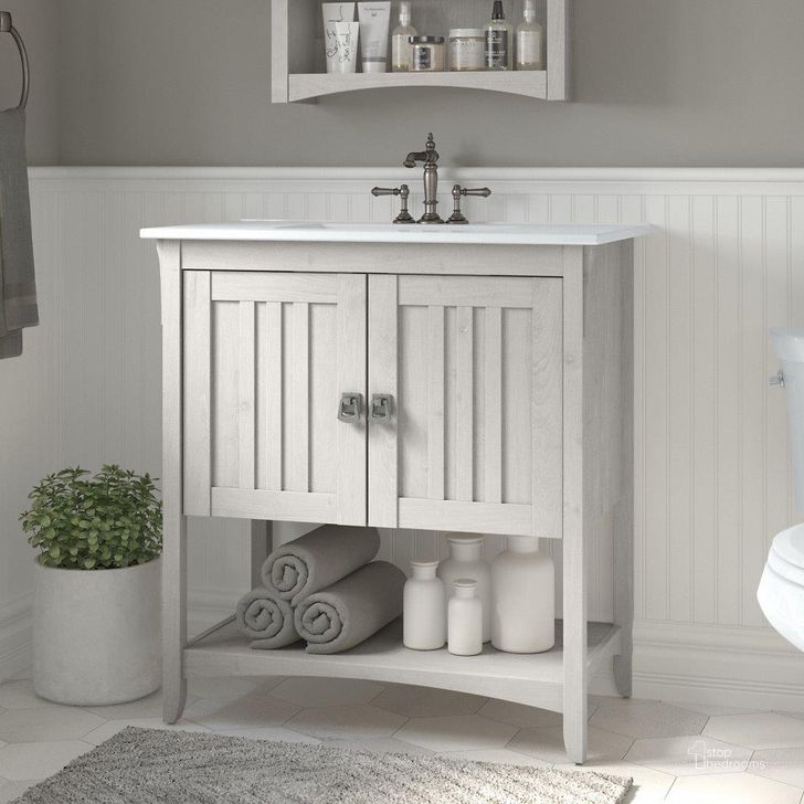 The appearance of Bush Furniture Salinas 32W Bathroom Vanity with Sink in Linen White Oak designed by Bush Furniture in the country / farmhouse interior design. This oak and white piece of furniture  was selected by 1StopBedrooms from Salinas Bathroom Collection to add a touch of cosiness and style into your home. Sku: SAVN132LW-03K. Product Type: Bathroom Vanity. Image1