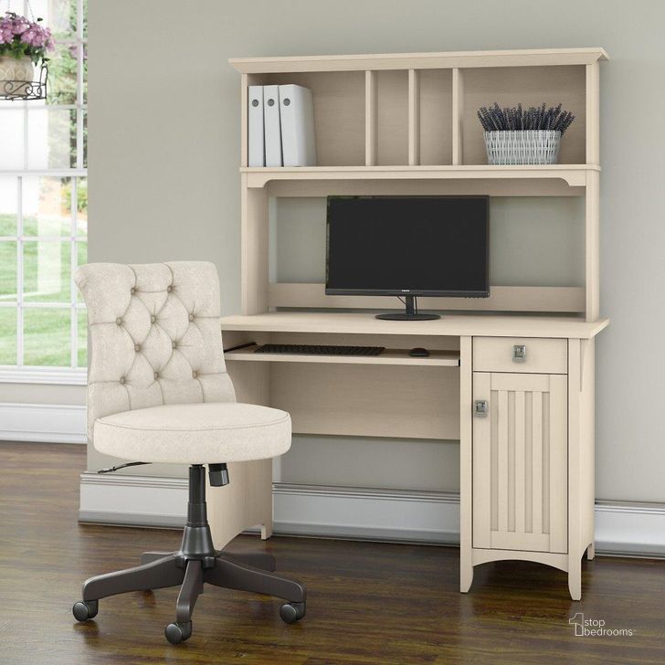 The appearance of Bush Furniture Salinas 48W Computer Desk with Hutch and Mid Back Tufted Office Chair in Antique White designed by Bush Furniture in the country / farmhouse interior design. This antique white piece of furniture  was selected by 1StopBedrooms from Salinas Collection to add a touch of cosiness and style into your home. Sku: SAL012AW. Product Type: Computer Desk. Image1