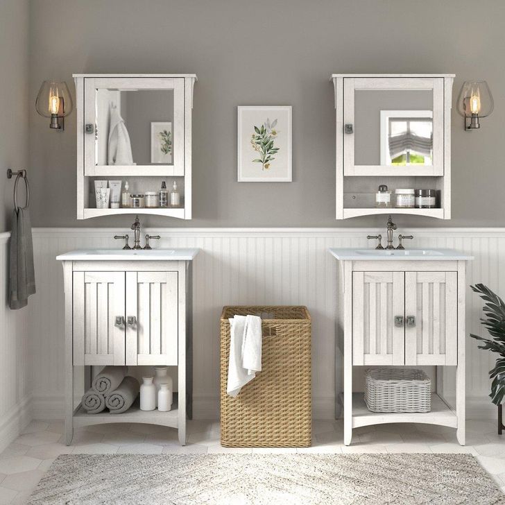 The appearance of Bush Furniture Salinas 48W Double Vanity Set with Sinks and Medicine Cabinets in Linen White Oak designed by Bush Furniture in the country / farmhouse interior design. This oak and white piece of furniture  was selected by 1StopBedrooms from Salinas Bathroom Collection to add a touch of cosiness and style into your home. Sku: SAL032LW. Product Type: Vanity Set. Image1