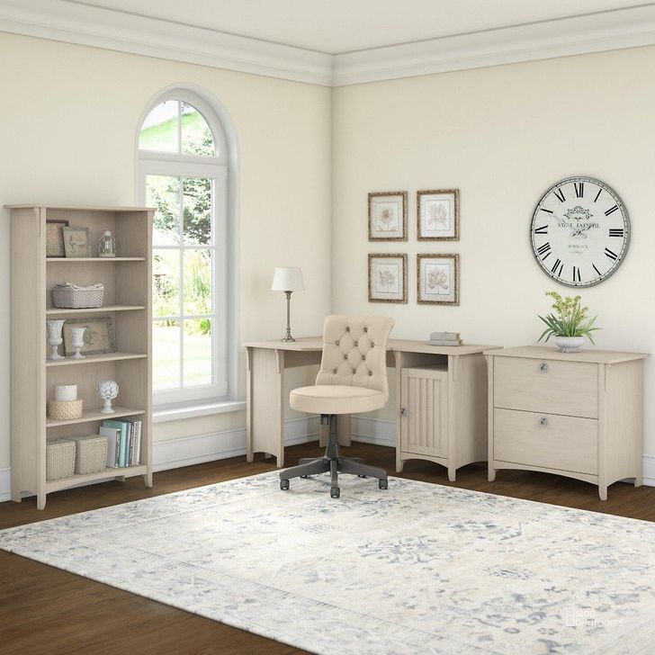 The appearance of Bush Furniture Salinas 55W Corner Desk with Lateral File Cabinet and 5 Shelf Bookcase in Antique White designed by Bush Furniture in the country / farmhouse interior design. This antique white piece of furniture  was selected by 1StopBedrooms from Salinas Collection to add a touch of cosiness and style into your home. Sku: SAL013AW. Product Type: Corner Desk. Image1