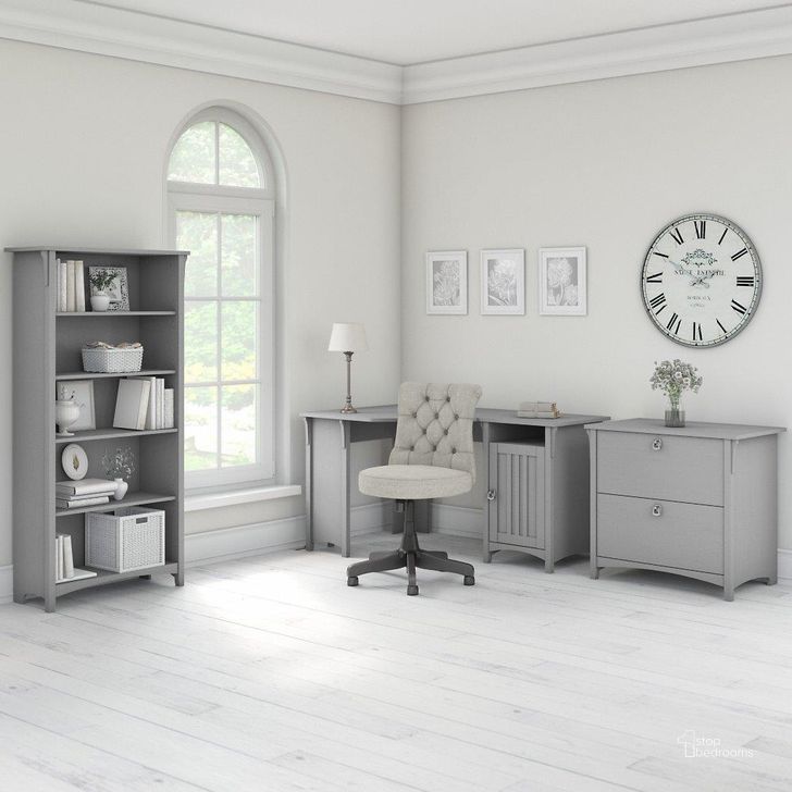 The appearance of Bush Furniture Salinas 55W Corner Desk with Lateral File Cabinet and 5 Shelf Bookcase in Cape Cod Gray designed by Bush Furniture in the country / farmhouse interior design. This gray piece of furniture  was selected by 1StopBedrooms from Salinas Collection to add a touch of cosiness and style into your home. Sku: SAL013CG. Product Type: Corner Desk. Image1