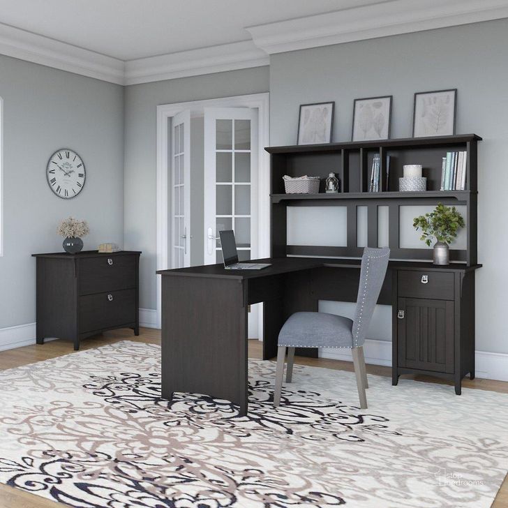 The appearance of Bush Furniture Salinas 60W L Shaped Desk with Hutch and Lateral File Cabinet in Vintage Black designed by Bush Furniture in the country / farmhouse interior design. This vintage black piece of furniture  was selected by 1StopBedrooms from Salinas Collection to add a touch of cosiness and style into your home. Sku: SAL005VB. Product Type: Desk & Hutch. Image1