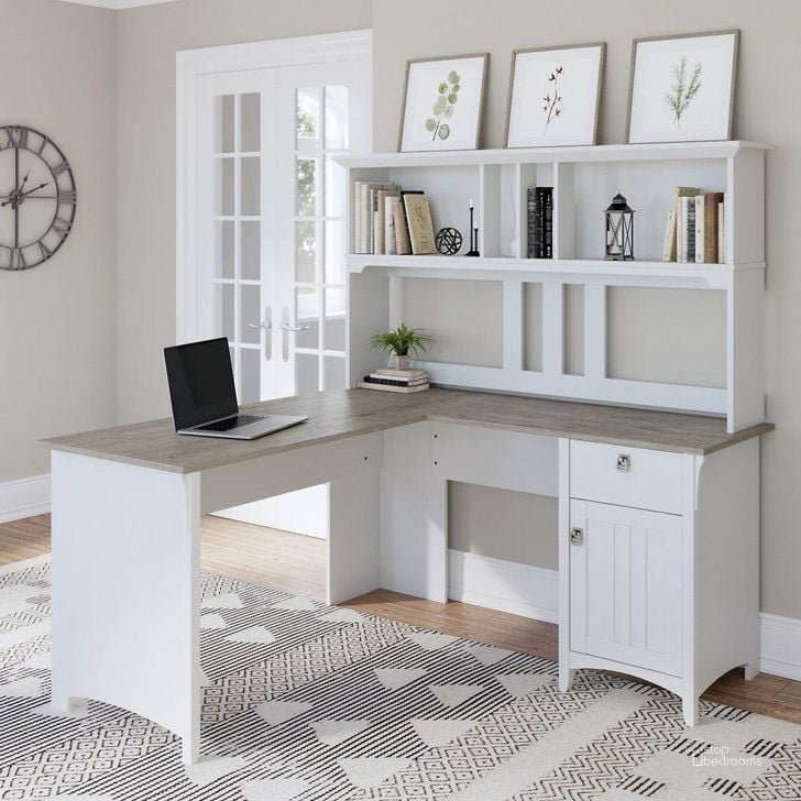 The appearance of Bush Furniture Salinas 60W L Shaped Desk with Hutch in Pure White and Shiplap Gray designed by Bush Furniture in the country / farmhouse interior design. This gray and white piece of furniture  was selected by 1StopBedrooms from Salinas Collection to add a touch of cosiness and style into your home. Sku: SAL004G2W. Product Type: Desk & Hutch. Image1
