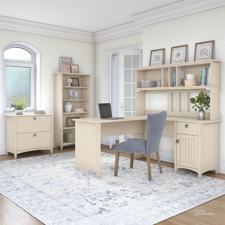 The appearance of Bush Furniture Salinas 60W L Shaped Desk with Hutch, Lateral File Cabinet and 5 Shelf Bookcase in Antique White designed by Bush Furniture in the country / farmhouse interior design. This antique white piece of furniture  was selected by 1StopBedrooms from Salinas Collection to add a touch of cosiness and style into your home. Sku: SAL007AW. Product Type: Desk & Hutch. Image1