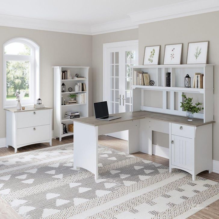 The appearance of Bush Furniture Salinas 60W L Shaped Desk with Hutch, Lateral File Cabinet and 5 Shelf Bookcase in Pure White and Shiplap Gray designed by Bush Furniture in the country / farmhouse interior design. This gray and white piece of furniture  was selected by 1StopBedrooms from Salinas Collection to add a touch of cosiness and style into your home. Sku: SAL007G2W. Product Type: Desk & Hutch. Image1