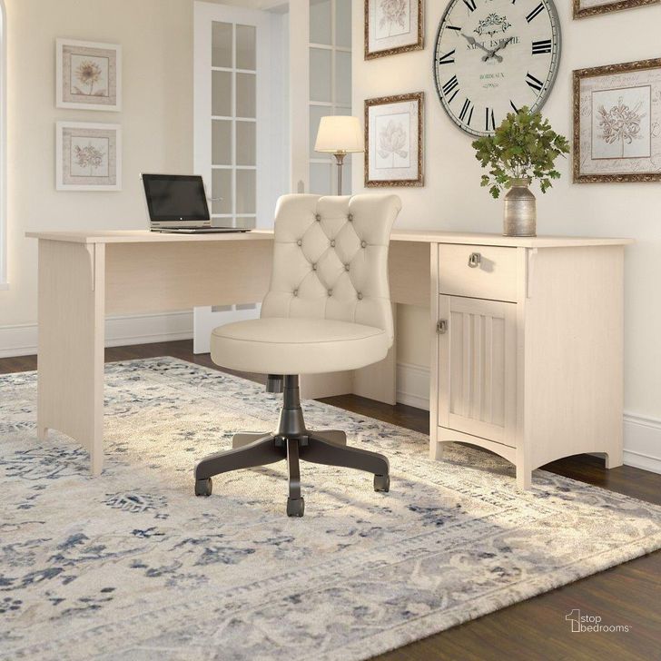 The appearance of Bush Furniture Salinas 60W L Shaped Desk with Mid Back Tufted Office Chair in Antique White designed by Bush Furniture in the country / farmhouse interior design. This antique white piece of furniture  was selected by 1StopBedrooms from Salinas Collection to add a touch of cosiness and style into your home. Sku: SAL010AW. Product Type: Home Office Set. Image1