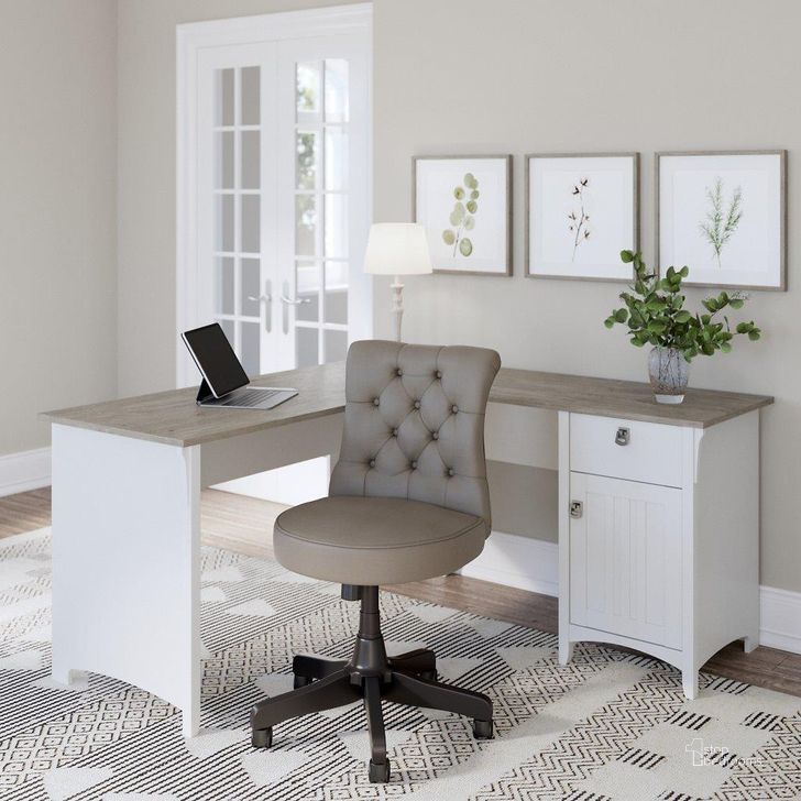 The appearance of Bush Furniture Salinas 60W L Shaped Desk with Mid Back Tufted Office Chair in Pure White and Shiplap Gray designed by Bush Furniture in the country / farmhouse interior design. This gray and white piece of furniture  was selected by 1StopBedrooms from Salinas Collection to add a touch of cosiness and style into your home. Sku: SAL010G2W. Product Type: Home Office Set. Image1