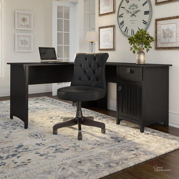 The appearance of Bush Furniture Salinas 60W L Shaped Desk with Mid Back Tufted Office Chair in Vintage Black designed by Bush Furniture in the country / farmhouse interior design. This vintage black piece of furniture  was selected by 1StopBedrooms from Salinas Collection to add a touch of cosiness and style into your home. Sku: SAL010VB. Product Type: Home Office Set. Image1