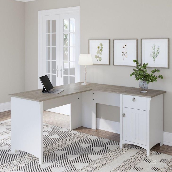 The appearance of Bush Furniture Salinas 60W L Shaped Desk with Storage in Pure White and Shiplap Gray designed by Bush Furniture in the country / farmhouse interior design. This gray and white piece of furniture  was selected by 1StopBedrooms from Salinas Collection to add a touch of cosiness and style into your home. Sku: SAD160G2W-03. Product Type: Desk. Image1