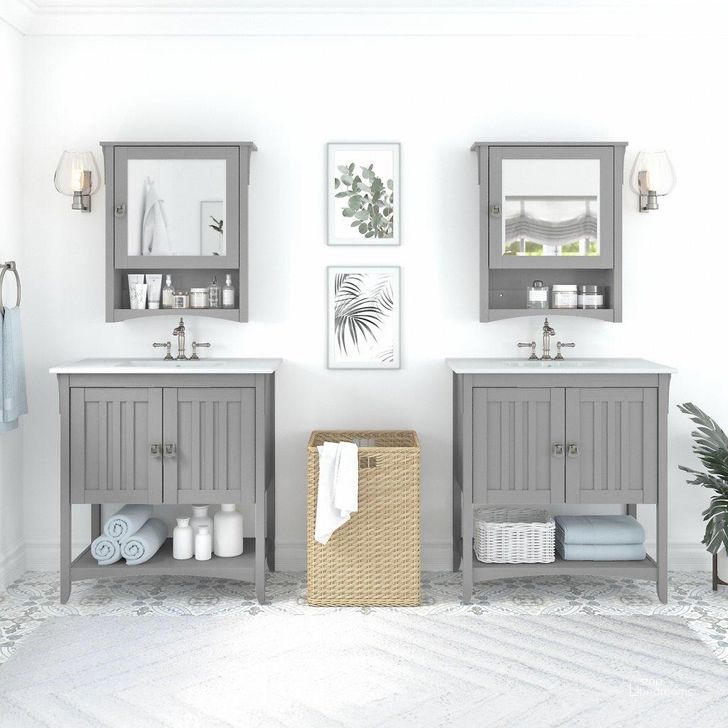 The appearance of Bush Furniture Salinas 64W Double Vanity Set with Sinks and Medicine Cabinets in Cape Cod Gray designed by Bush Furniture in the country / farmhouse interior design. This gray piece of furniture  was selected by 1StopBedrooms from Salinas Bathroom Collection to add a touch of cosiness and style into your home. Sku: SAL033CG. Product Type: Vanity Set. Image1