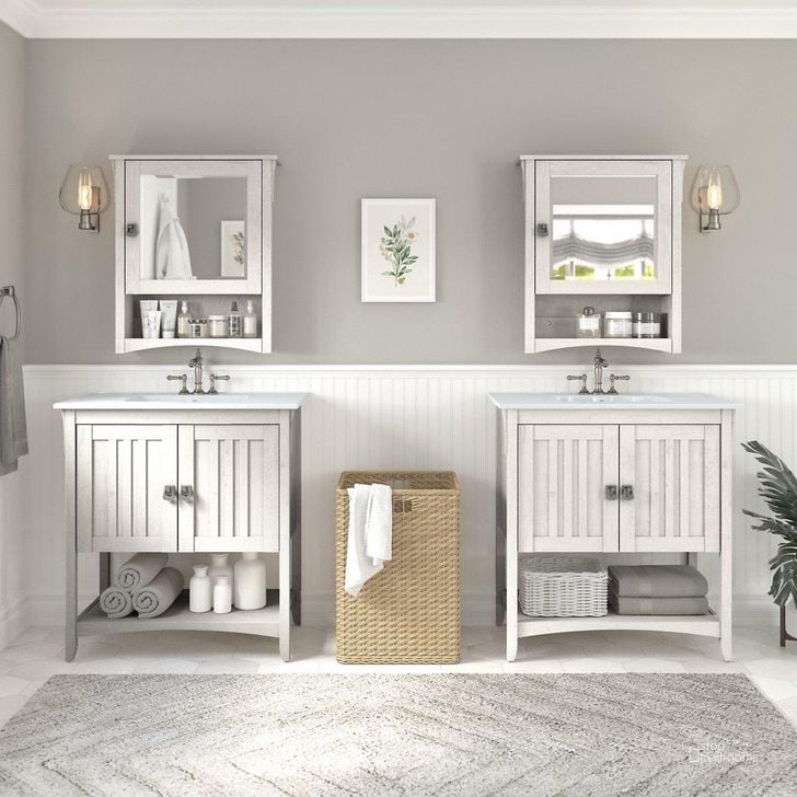 The appearance of Bush Furniture Salinas 64W Double Vanity Set with Sinks and Medicine Cabinets in Linen White Oak designed by Bush Furniture in the country / farmhouse interior design. This oak and white piece of furniture  was selected by 1StopBedrooms from Salinas Bathroom Collection to add a touch of cosiness and style into your home. Sku: SAL033LW. Product Type: Vanity Set. Image1