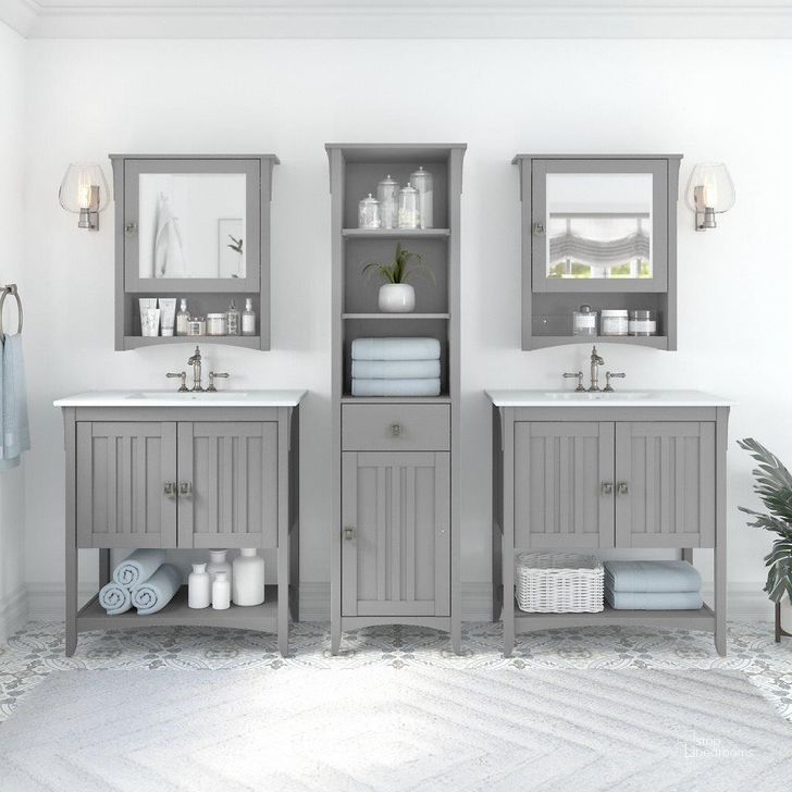 The appearance of Bush Furniture Salinas 64W Double Vanity Set with Sinks, Medicine Cabinets and Linen Tower in Cape Cod Gray designed by Bush Furniture in the country / farmhouse interior design. This gray piece of furniture  was selected by 1StopBedrooms from Salinas Bathroom Collection to add a touch of cosiness and style into your home. Sku: SAL035CG. Product Type: Vanity Set. Image1