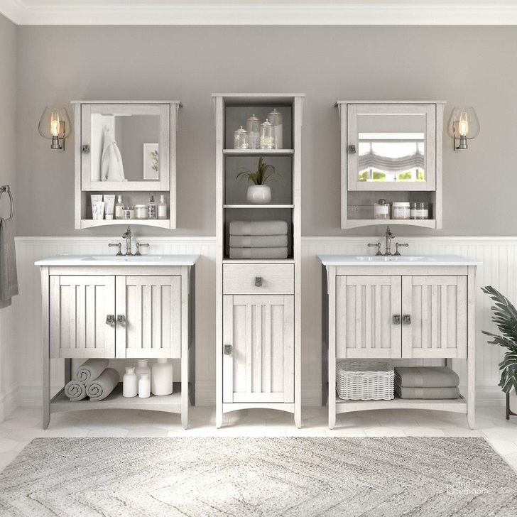 The appearance of Bush Furniture Salinas 64W Double Vanity Set with Sinks, Medicine Cabinets and Linen Tower in Linen White Oak designed by Bush Furniture in the country / farmhouse interior design. This oak and white piece of furniture  was selected by 1StopBedrooms from Salinas Bathroom Collection to add a touch of cosiness and style into your home. Sku: SAL035LW. Product Type: Vanity Set. Image1