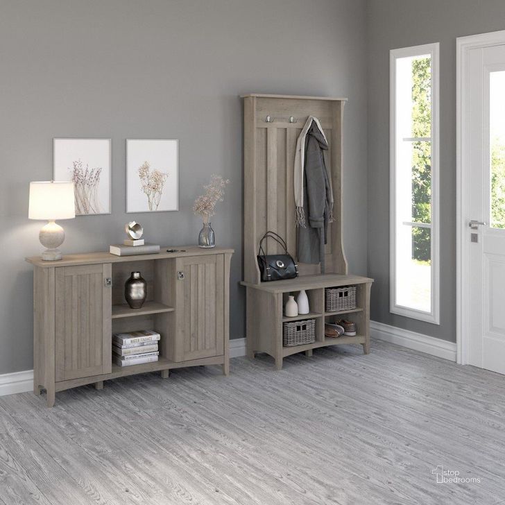 The appearance of Bush Furniture Salinas Entryway Storage Set with Hall Tree, Shoe Bench and Accent Cabinet in Driftwood Gray designed by Bush Furniture in the country / farmhouse interior design. This driftwood piece of furniture  was selected by 1StopBedrooms from Salinas Collection to add a touch of cosiness and style into your home. Sku: SAL008DG. Product Type: Entryway Furniture. Image1