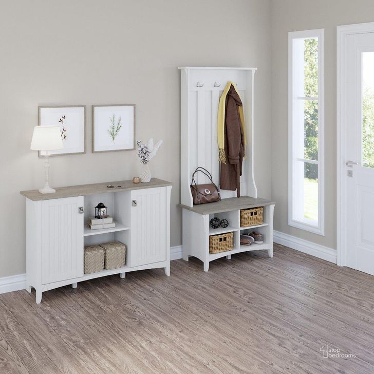 The appearance of Bush Furniture Salinas Entryway Storage Set with Hall Tree, Shoe Bench and Accent Cabinet in Pure White and Shiplap Gray designed by Bush Furniture in the country / farmhouse interior design. This gray and white piece of furniture  was selected by 1StopBedrooms from Salinas Collection to add a touch of cosiness and style into your home. Sku: SAL008G2W. Product Type: Entryway Furniture. Image1