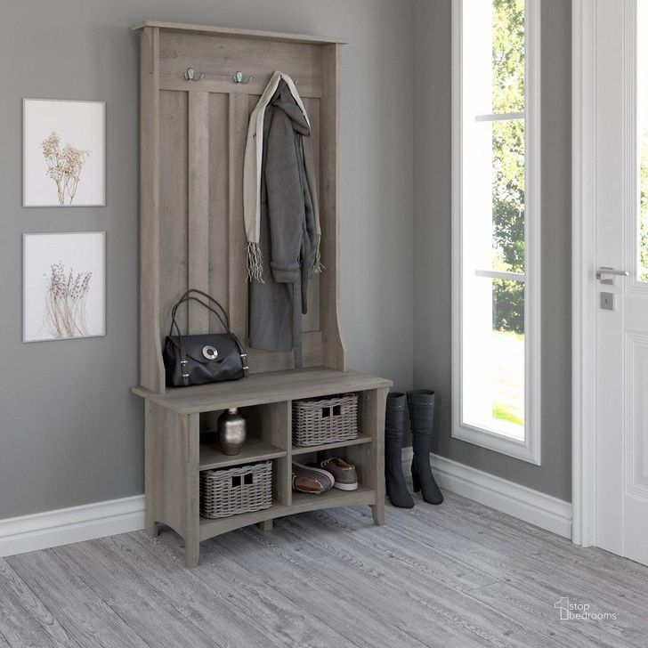 The appearance of Bush Furniture Salinas Hall Tree with Shoe Storage Bench in Driftwood Gray designed by Bush Furniture in the country / farmhouse interior design. This driftwood piece of furniture  was selected by 1StopBedrooms from Salinas Collection to add a touch of cosiness and style into your home. Sku: SAS532DG-03. Product Type: Shoe Cabinet. Image1
