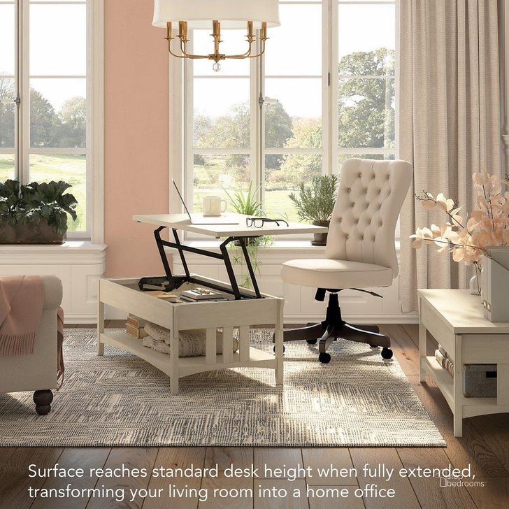 The appearance of Bush Furniture Salinas Lift Top Coffee Table Desk with Storage in Antique White designed by Bush Furniture in the country / farmhouse interior design. This antique white piece of furniture  was selected by 1StopBedrooms from Salinas Collection to add a touch of cosiness and style into your home. Sku: SAT348AW-03. Product Type: Coffee Table. Image1