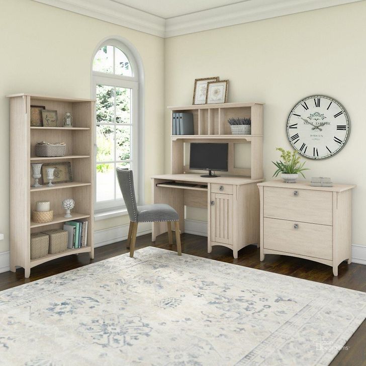 The appearance of Bush Furniture Salinas Mission Desk with Hutch, Lateral File Cabinet and 5 Shelf Bookcase in Antique White designed by Bush Furniture in the country / farmhouse interior design. This antique white piece of furniture  was selected by 1StopBedrooms from Salinas Collection to add a touch of cosiness and style into your home. Sku: SAL002AW. Product Type: Desk & Hutch. Image1