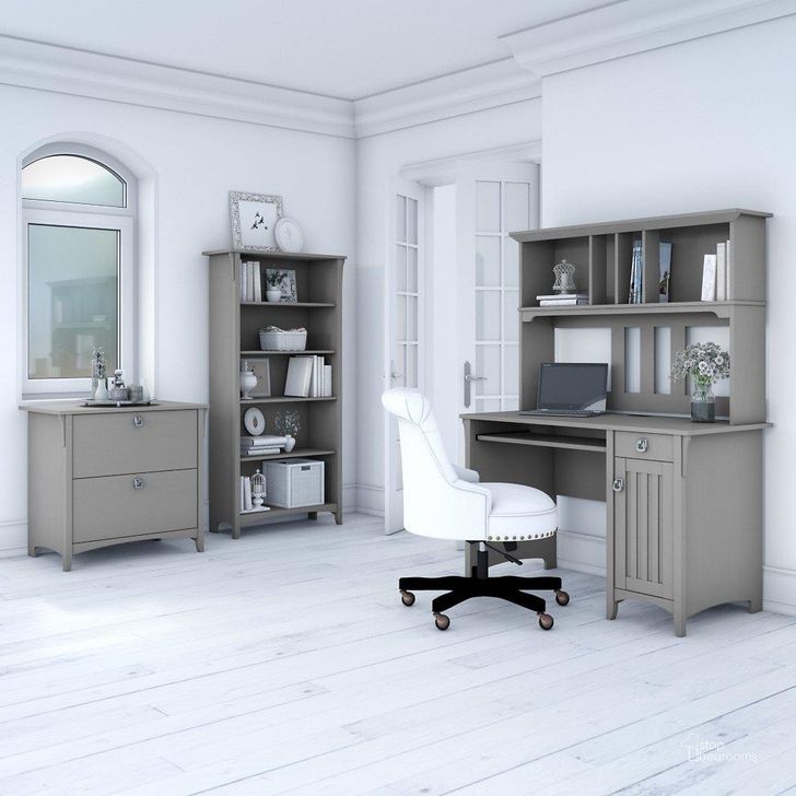 The appearance of Bush Furniture Salinas Mission Desk with Hutch, Lateral File Cabinet and 5 Shelf Bookcase in Cape Cod Gray designed by Bush Furniture in the country / farmhouse interior design. This gray piece of furniture  was selected by 1StopBedrooms from Salinas Collection to add a touch of cosiness and style into your home. Sku: SAL002CG. Product Type: Desk & Hutch. Image1