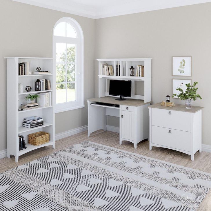The appearance of Bush Furniture Salinas Mission Desk with Hutch, Lateral File Cabinet and 5 Shelf Bookcase in Pure White and Shiplap Gray designed by Bush Furniture in the country / farmhouse interior design. This white piece of furniture  was selected by 1StopBedrooms from Salinas Collection to add a touch of cosiness and style into your home. Sku: SAL002G2W. Product Type: Desk & Hutch. Image1