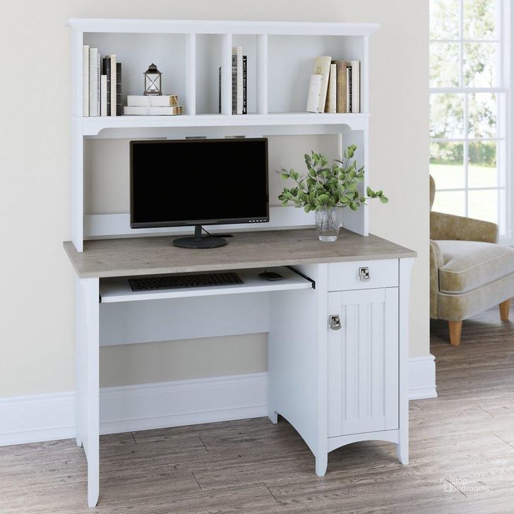The appearance of Bush Furniture Salinas Small Computer Desk with Hutch in Pure White and Shiplap Gray designed by Bush Furniture in the country / farmhouse interior design. This gray and white piece of furniture  was selected by 1StopBedrooms from Salinas Collection to add a touch of cosiness and style into your home. Sku: MY72808-03. Product Type: Computer Desk. Image1