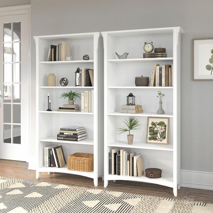 The appearance of Bush Furniture Salinas Tall 5 Shelf Bookcase - Set of 2 in Pure White and Shiplap Gray designed by Bush Furniture in the country / farmhouse interior design. This white piece of furniture  was selected by 1StopBedrooms from Salinas Collection to add a touch of cosiness and style into your home. Sku: SAL036G2W. Product Type: Bookcase. Image1