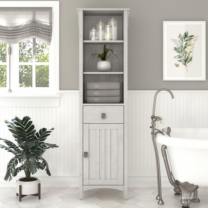 The appearance of Bush Furniture Salinas Tall Bathroom Storage Cabinet in Linen White Oak designed by Bush Furniture in the country / farmhouse interior design. This oak and white piece of furniture  was selected by 1StopBedrooms from Salinas Bathroom Collection to add a touch of cosiness and style into your home. Sku: SAS168LW-03. Product Type: Bathroom Storage. Image1