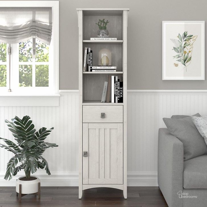 The appearance of Bush Furniture Salinas Tall Narrow Bookcase Cabinet in Linen White Oak designed by Bush Furniture in the country / farmhouse interior design. This oak and white piece of furniture  was selected by 1StopBedrooms from Salinas Bathroom Collection to add a touch of cosiness and style into your home. Sku: SAS168LW-Z. Product Type: Bookcase. Image1
