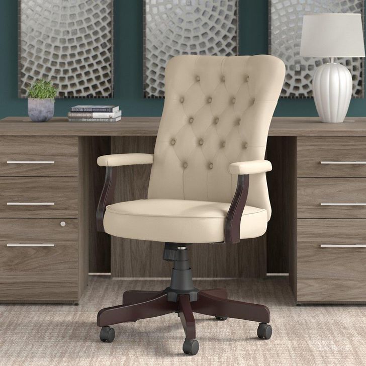 The appearance of Bush Furniture Saratoga High Back Tufted Office Chair with Arms in Antique White Leather designed by Bush Furniture in the traditional interior design. This antique white piece of furniture  was selected by 1StopBedrooms from Saratoga Collection to add a touch of cosiness and style into your home. Sku: SARCH2303AWL-Z. Product Type: Office Chair. Image1
