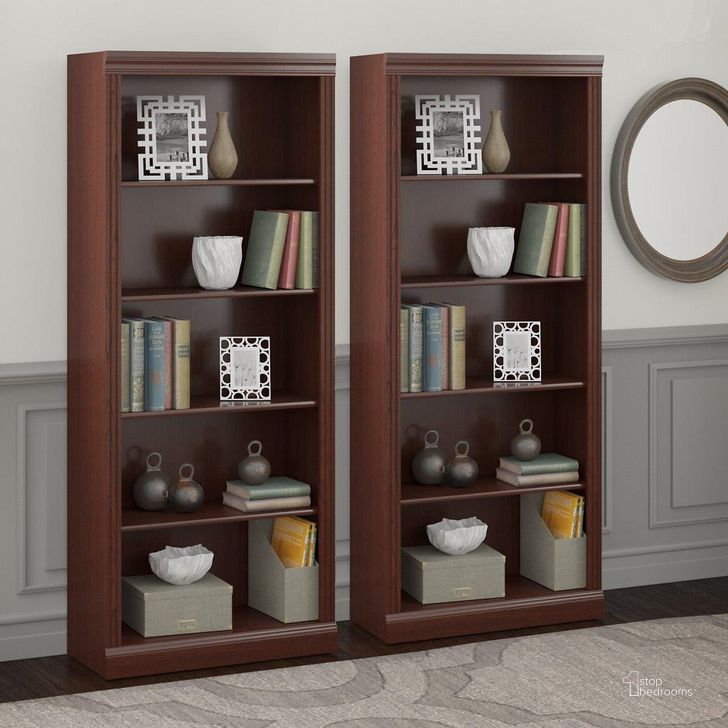 The appearance of Bush Furniture Saratoga Tall 5 Shelf Bookcase - Set of 2 in Harvest Cherry designed by Bush Furniture in the traditional interior design. This cherry piece of furniture  was selected by 1StopBedrooms from Saratoga Collection to add a touch of cosiness and style into your home. Sku: SAR008CS. Product Type: Bookcase. Image1