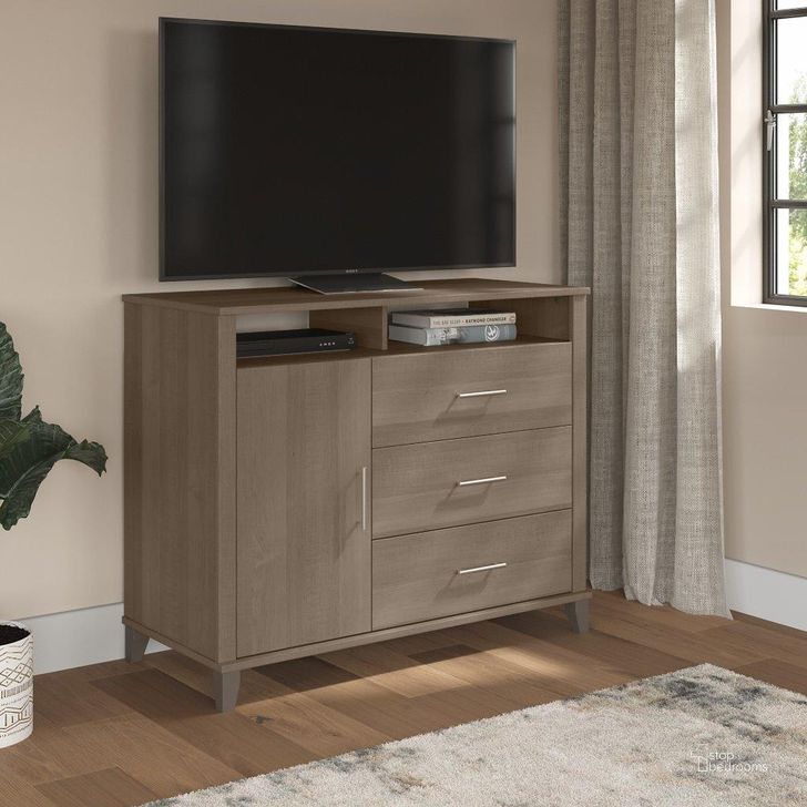 The appearance of Bush Furniture Somerset 3 Drawer Dresser And Bedroom Tv Stand In Ash Gray designed by Bush Furniture in the modern / contemporary interior design. This ash gray piece of furniture  was selected by 1StopBedrooms from Somerset Collection to add a touch of cosiness and style into your home. Sku: STV148AGK. Product Type: Dresser. Image1