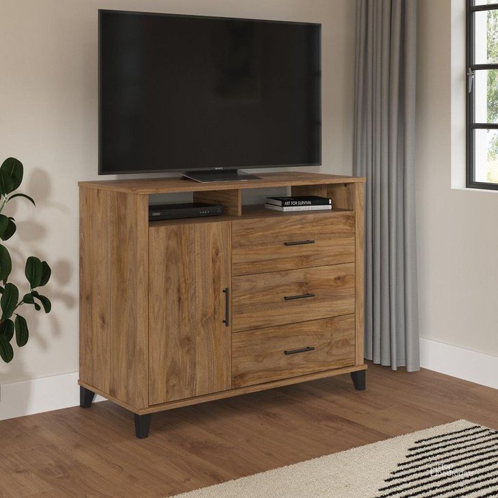 The appearance of Bush Furniture Somerset 3 Drawer Dresser And Bedroom Tv Stand In Fresh Walnut designed by Bush Furniture in the modern / contemporary interior design. This fresh walnut piece of furniture  was selected by 1StopBedrooms from Somerset Collection to add a touch of cosiness and style into your home. Sku: STV148FWK. Product Type: Dresser. Image1