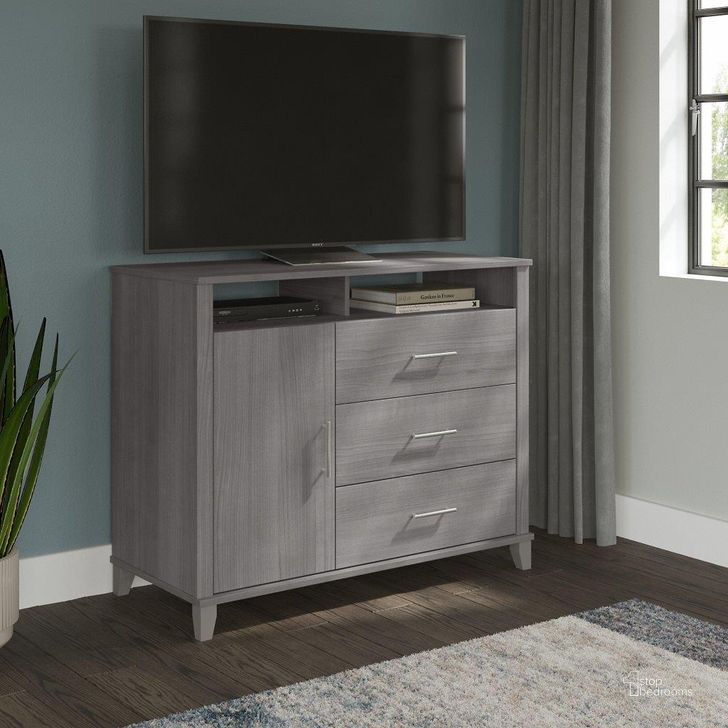 The appearance of Bush Furniture Somerset 3 Drawer Dresser And Bedroom Tv Stand In Platinum Gray designed by Bush Furniture in the modern / contemporary interior design. This platinum gray piece of furniture  was selected by 1StopBedrooms from Somerset Collection to add a touch of cosiness and style into your home. Sku: STV148PGK. Product Type: Dresser. Image1