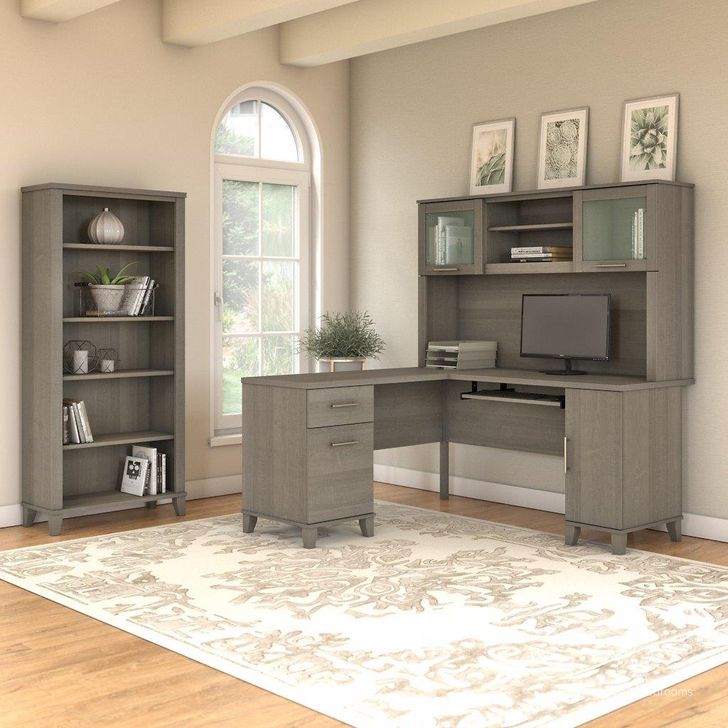 The appearance of Bush Furniture Somerset 60W L Shaped Desk with Hutch and 5 Shelf Bookcase in Ash Gray designed by Bush Furniture in the modern / contemporary interior design. This ash gray piece of furniture  was selected by 1StopBedrooms from Somerset Collection to add a touch of cosiness and style into your home. Sku: SET010AG. Product Type: Desk & Hutch. Image1