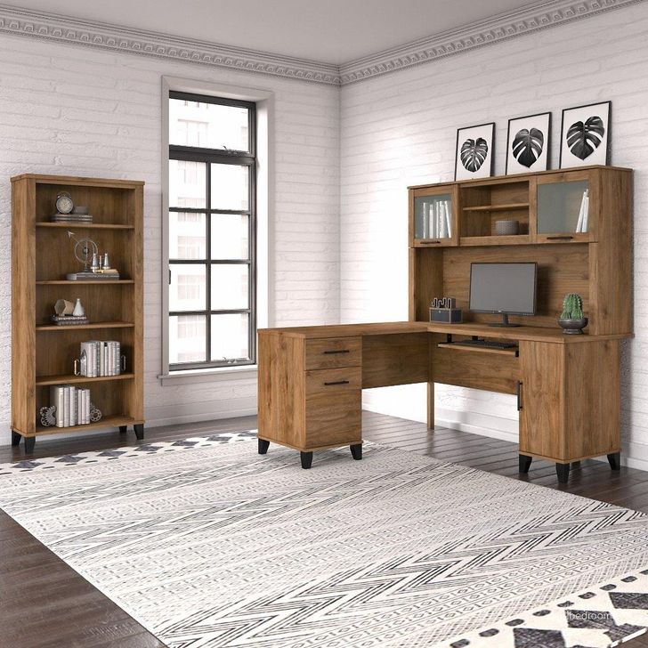 The appearance of Bush Furniture Somerset 60W L Shaped Desk with Hutch and 5 Shelf Bookcase in Fresh Walnut designed by Bush Furniture in the modern / contemporary interior design. This fresh walnut piece of furniture  was selected by 1StopBedrooms from Somerset Collection to add a touch of cosiness and style into your home. Sku: SET010FW. Product Type: Desk & Hutch. Image1