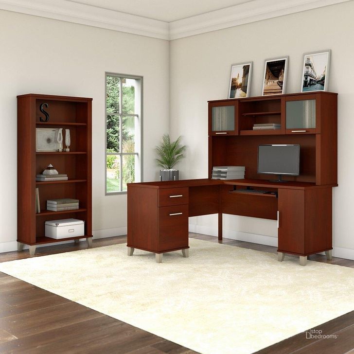 The appearance of Bush Furniture Somerset 60W L Shaped Desk with Hutch and 5 Shelf Bookcase in Hansen Cherry designed by Bush Furniture in the modern / contemporary interior design. This hansen cherry piece of furniture  was selected by 1StopBedrooms from Somerset Collection to add a touch of cosiness and style into your home. Sku: SET010HC. Product Type: Desk & Hutch. Image1