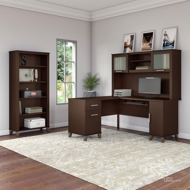 The appearance of Bush Furniture Somerset 60W L Shaped Desk with Hutch and 5 Shelf Bookcase in Mocha Cherry designed by Bush Furniture in the modern / contemporary interior design. This mocha cherry piece of furniture  was selected by 1StopBedrooms from Somerset Collection to add a touch of cosiness and style into your home. Sku: SET010MR. Product Type: Desk & Hutch. Image1