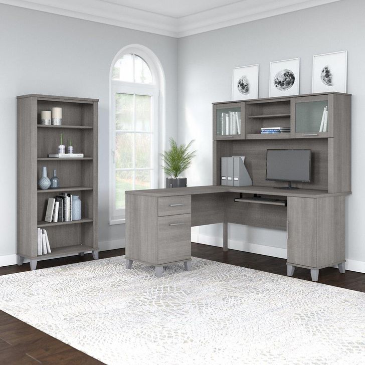 The appearance of Bush Furniture Somerset 60W L Shaped Desk with Hutch and 5 Shelf Bookcase in Platinum Gray designed by Bush Furniture in the modern / contemporary interior design. This platinum gray piece of furniture  was selected by 1StopBedrooms from Somerset Collection to add a touch of cosiness and style into your home. Sku: SET010PG. Product Type: Desk & Hutch. Image1