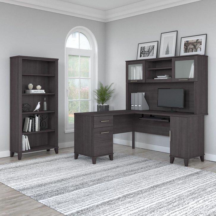 The appearance of Bush Furniture Somerset 60W L Shaped Desk with Hutch and 5 Shelf Bookcase in Storm Gray designed by Bush Furniture in the modern / contemporary interior design. This storm gray piece of furniture  was selected by 1StopBedrooms from Somerset Collection to add a touch of cosiness and style into your home. Sku: SET010SG. Product Type: Desk & Hutch. Image1