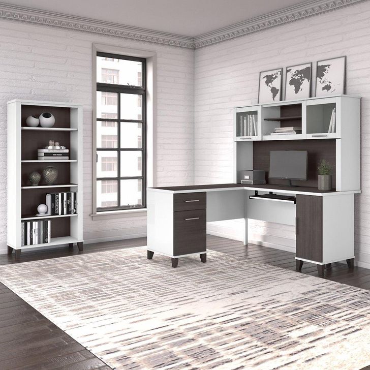 The appearance of Bush Furniture Somerset 60W L Shaped Desk with Hutch and 5 Shelf Bookcase in White and Storm Gray designed by Bush Furniture in the modern / contemporary interior design. This storm gray and white piece of furniture  was selected by 1StopBedrooms from Somerset Collection to add a touch of cosiness and style into your home. Sku: SET010SGWH. Product Type: Desk & Hutch. Image1