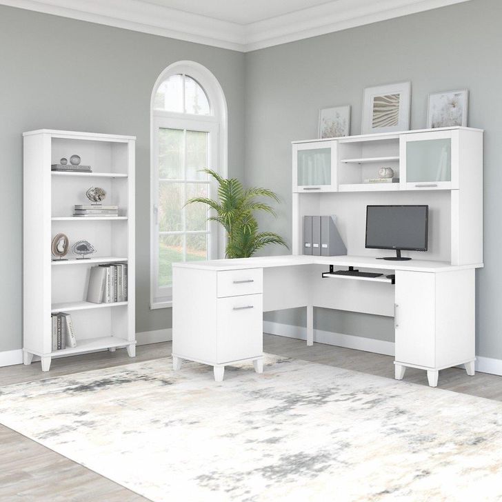 The appearance of Bush Furniture Somerset 60W L Shaped Desk with Hutch and 5 Shelf Bookcase in White designed by Bush Furniture in the modern / contemporary interior design. This white piece of furniture  was selected by 1StopBedrooms from Somerset Collection to add a touch of cosiness and style into your home. Sku: SET010WH. Product Type: Desk & Hutch. Image1